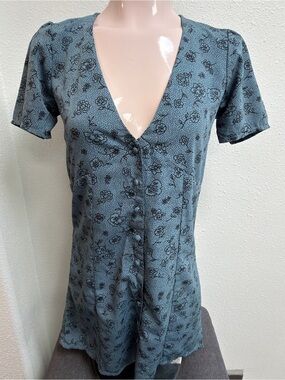 Amuse Society Blue Floral Button Front Mini Dress XS Ditsy Floral